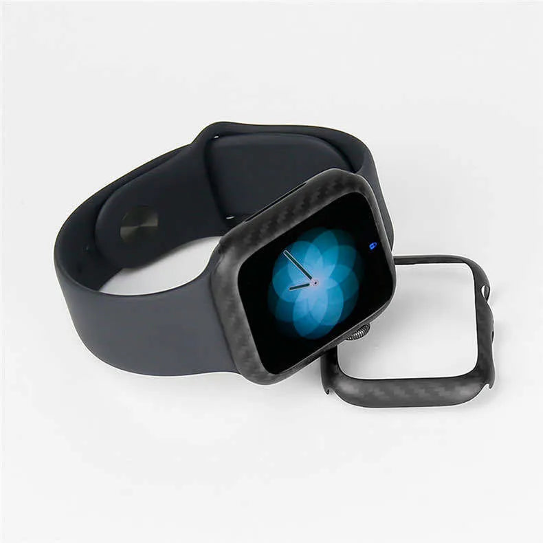 Carbon fibre and leather half-wrap case for Apple Watch Series 4 in 44mm size.