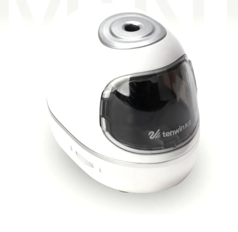 Creative electric pencil sharpener with three-speed control, geometric plastic body in white, 135x93x100mm