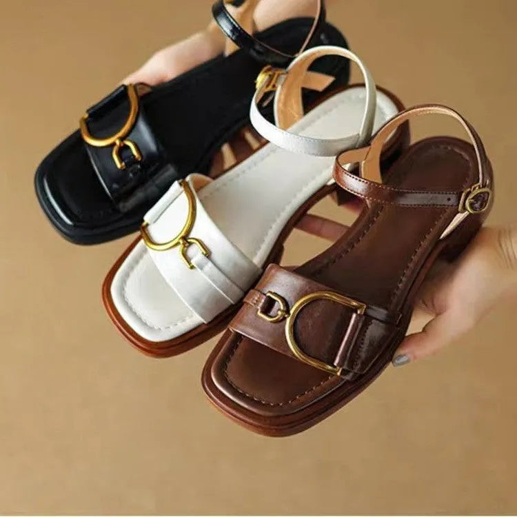 Women's casual leather sandals with thick rubber soles and button fastening in beige colour