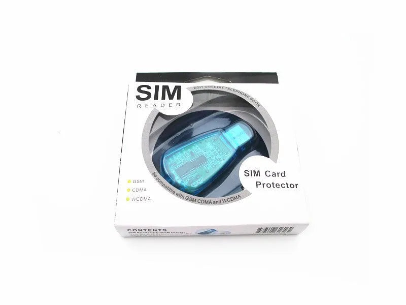 Blue external USB SIM card reader for mobile phone contact and SMS backup on computer.