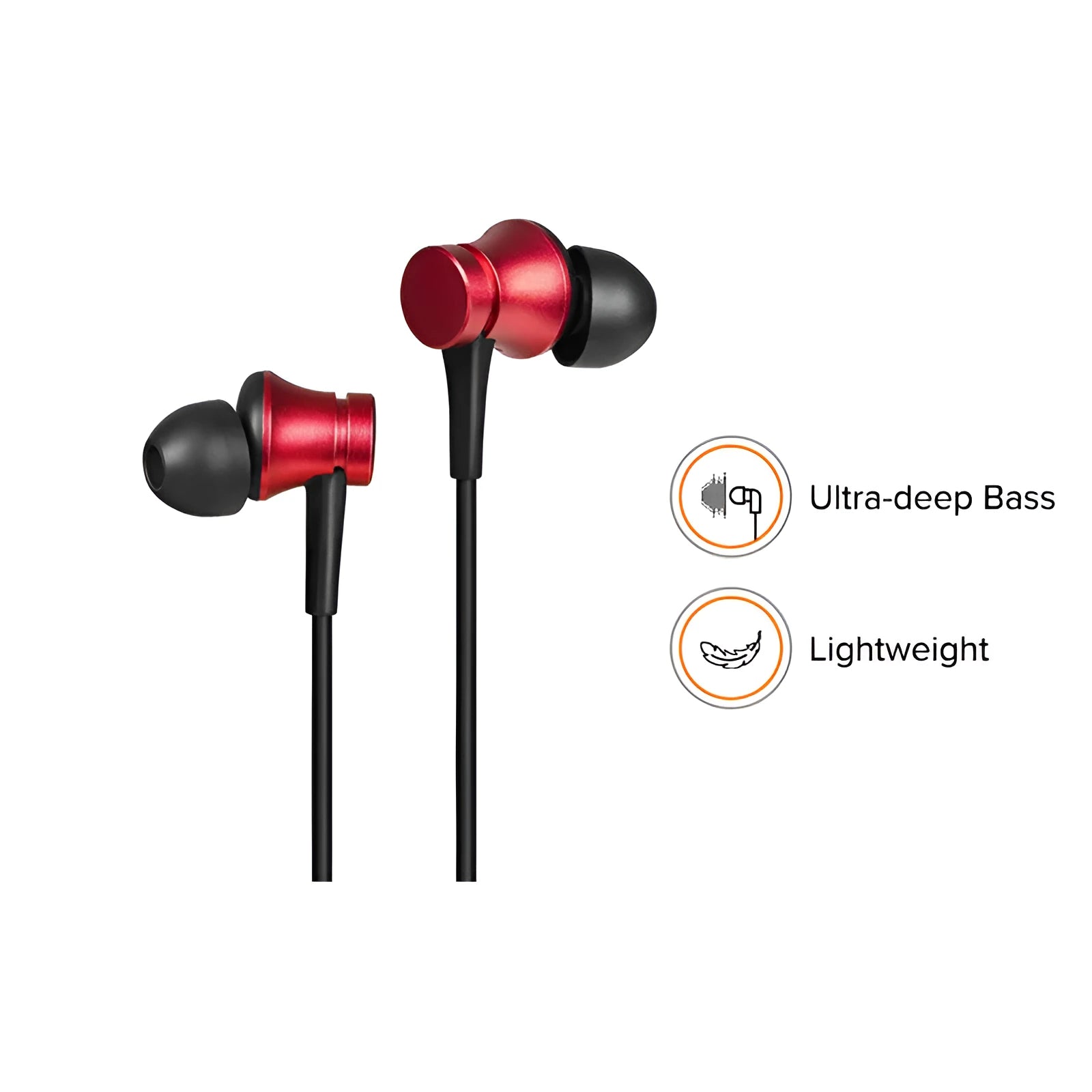 Piston style wired in-ear headphones with 3.5mm jack in black, blue, and red colour options.