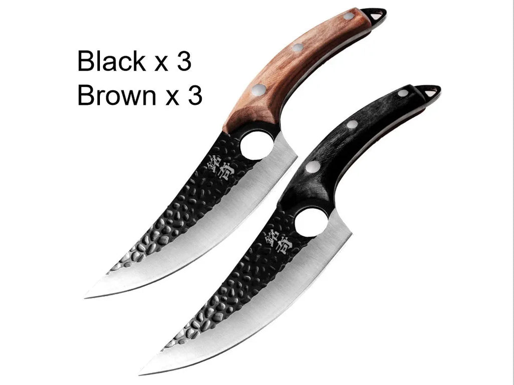 Slaughter and boning knife with curved blade, hammer pattern finish, ring handle, and brown leather sheath.