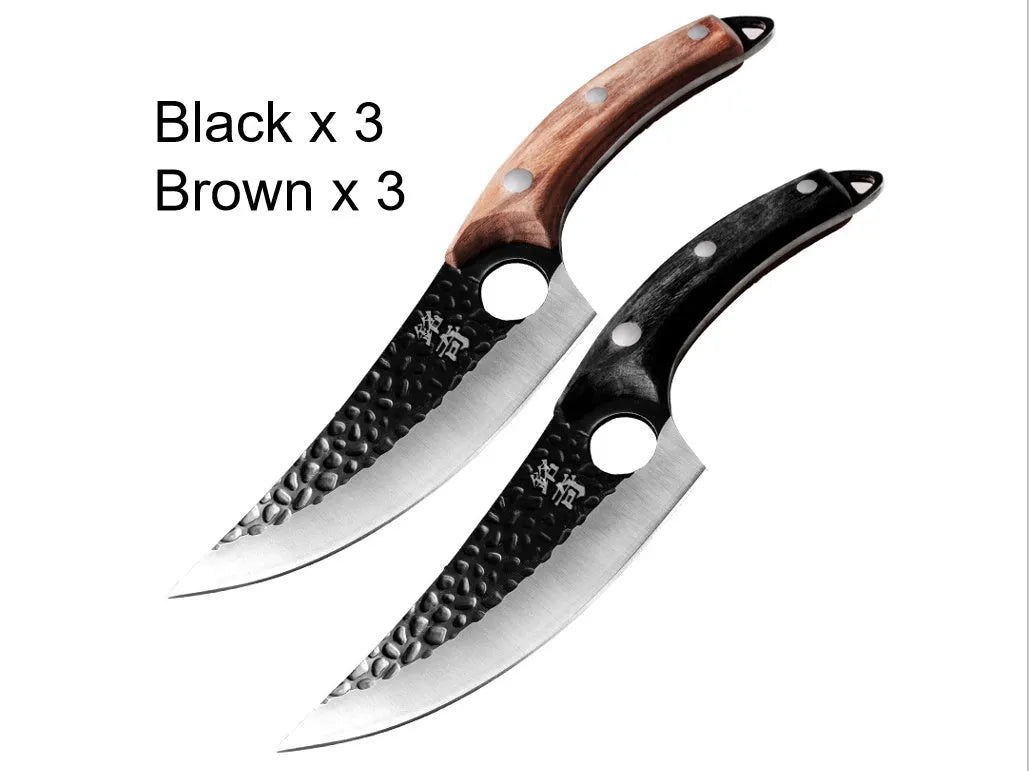 Slaughter and boning knife with curved blade, hammer pattern finish, ring handle, and brown leather sheath.