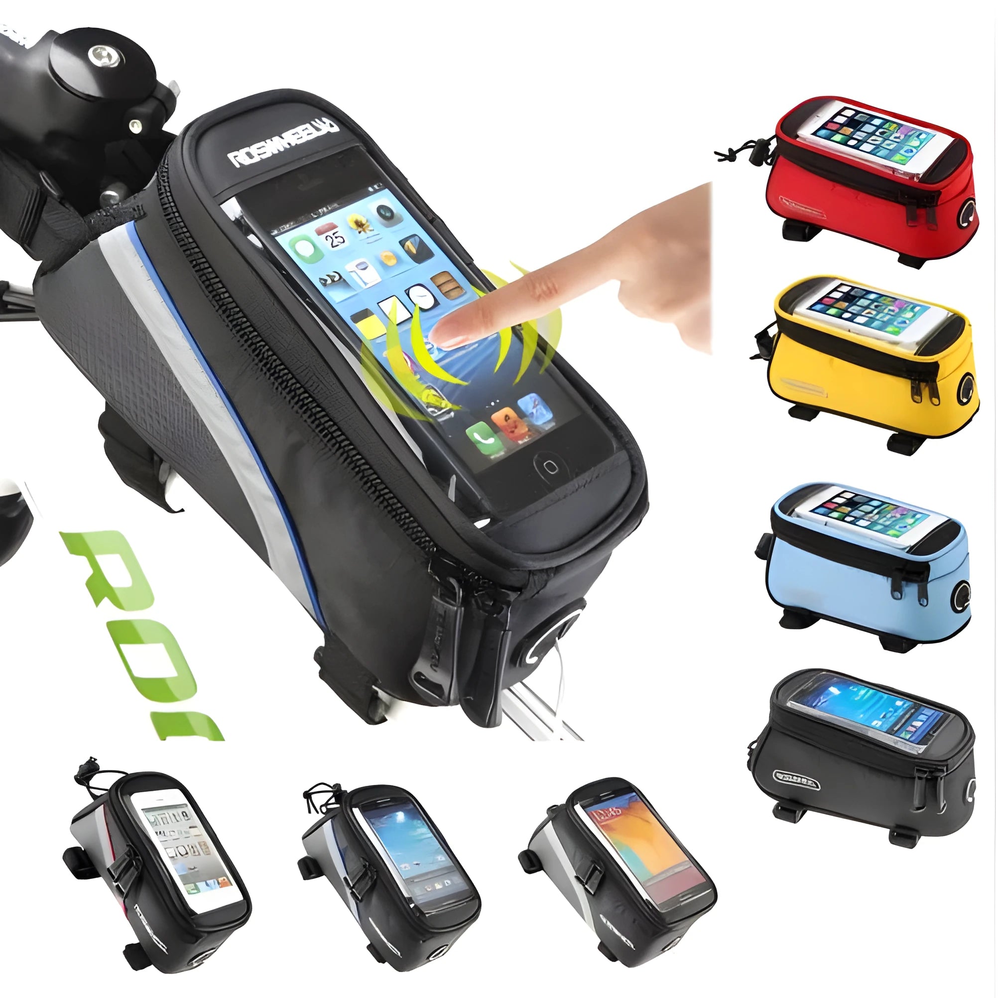 Waterproof PVC bicycle frame phone bag in black, mounted on bike with iPhone inside