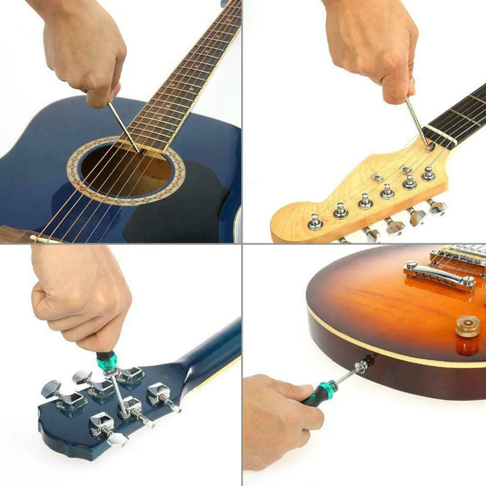 Black case open to reveal a guitar repair and care tool kit for instrument maintenance.