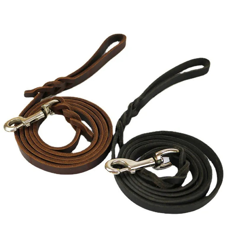 Thickened cowhide leather dog walking rope in light brown or black, shown in various lengths.