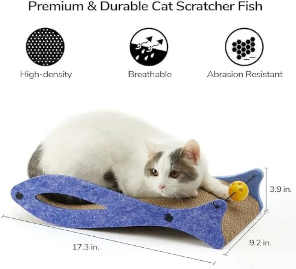 Blue fish-shaped cat scratcher pad with ball toy on elastic cord, wavy cardboard design for scratching and lounging