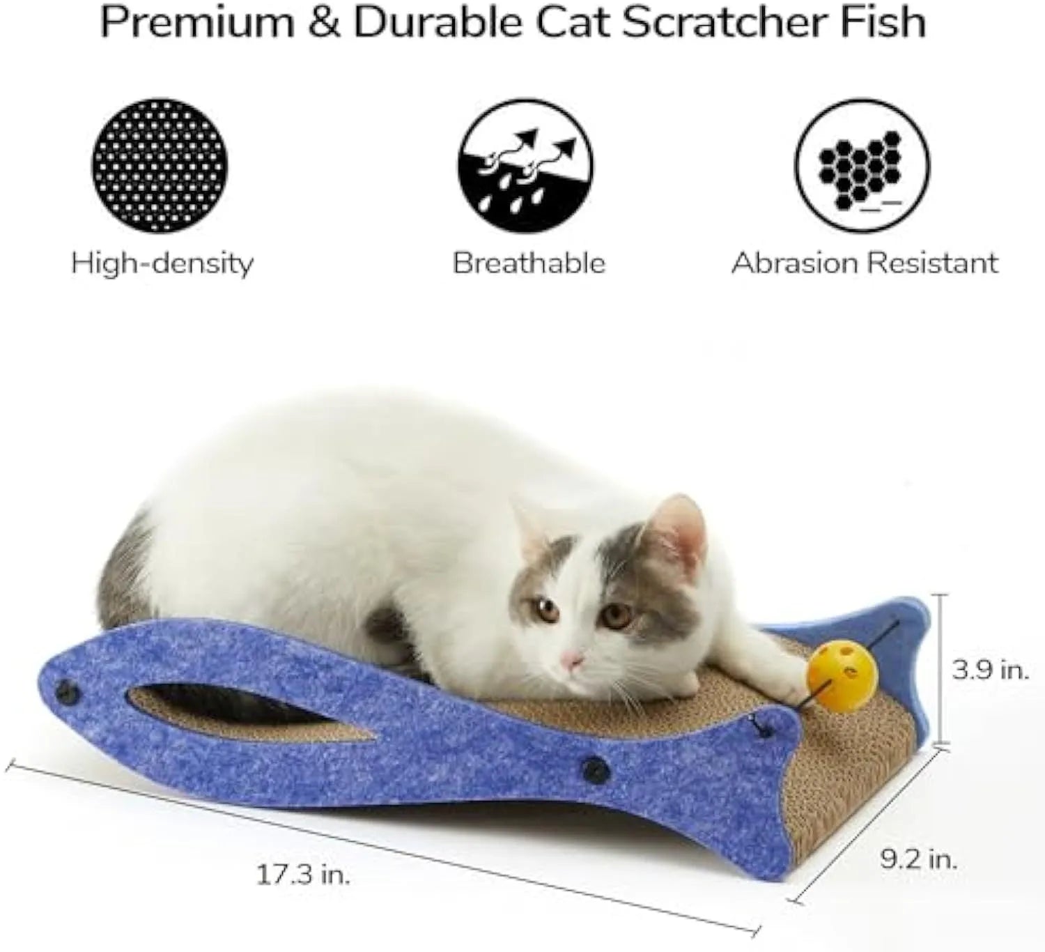 Blue fish-shaped cat scratcher pad with ball toy on elastic cord, wavy cardboard design for scratching and lounging