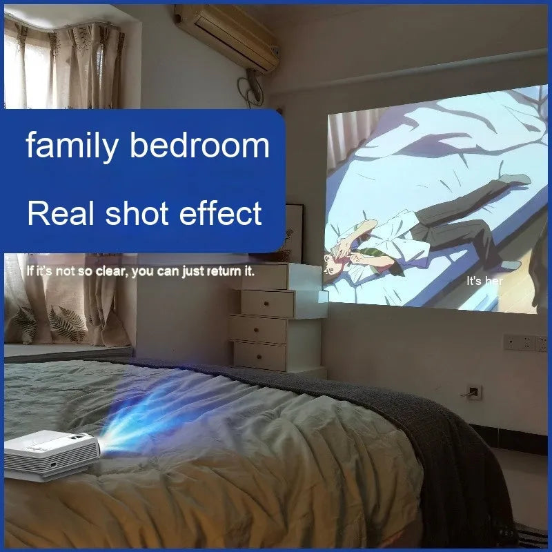Portable HD 1080p projector in white with remote control, placed on a tabletop