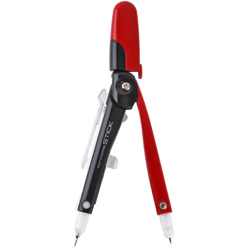 Blue automatic pencil compass with extended legs and protective safety cover next to a mechanical pencil tip.