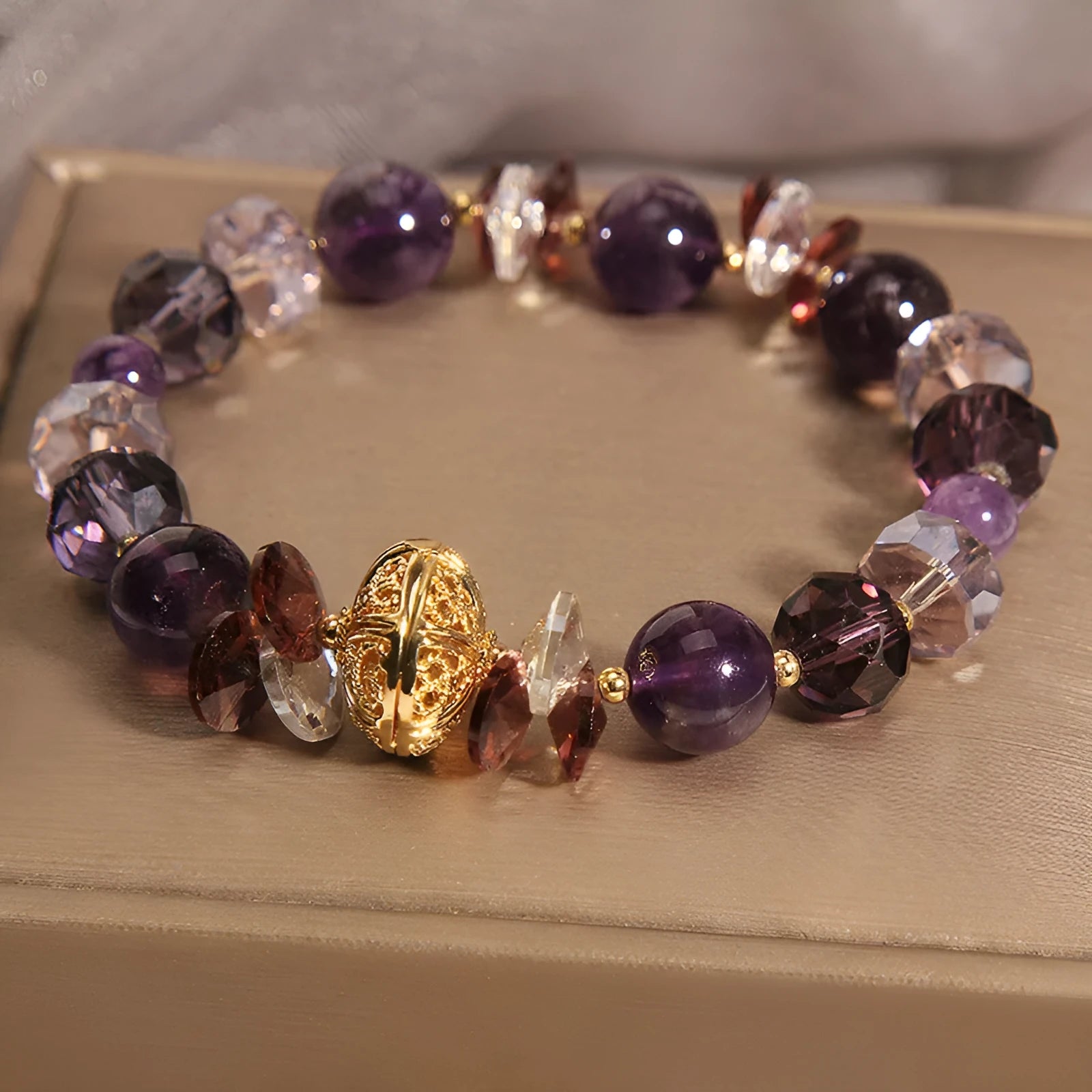 Purple crystal pumpkin beads bracelet for women with wind chime charms and rhinestone details