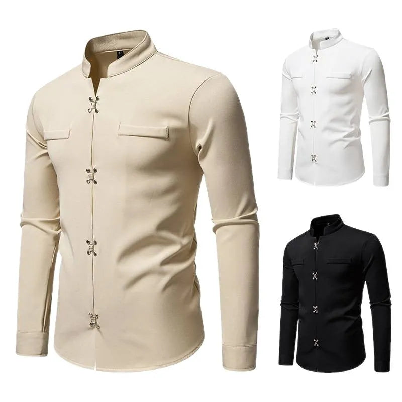 Men's long-sleeved polyester slim-fit cardigan-style casual shirt in white, black, and khaki, sizes S to 2XL