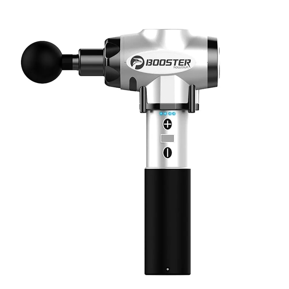 Black and white muscle massage gun with adjustable speed settings for muscle relaxation.