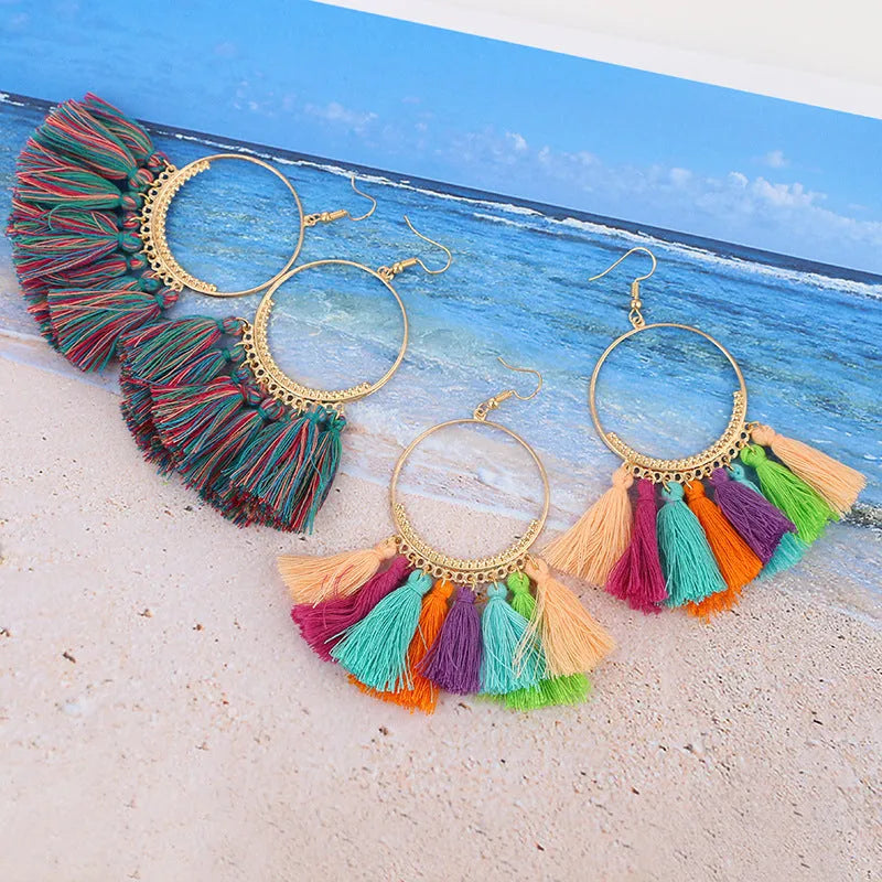 Big round drop dangle earrings in hand-woven alloy with geometric design, available in multiple colours
