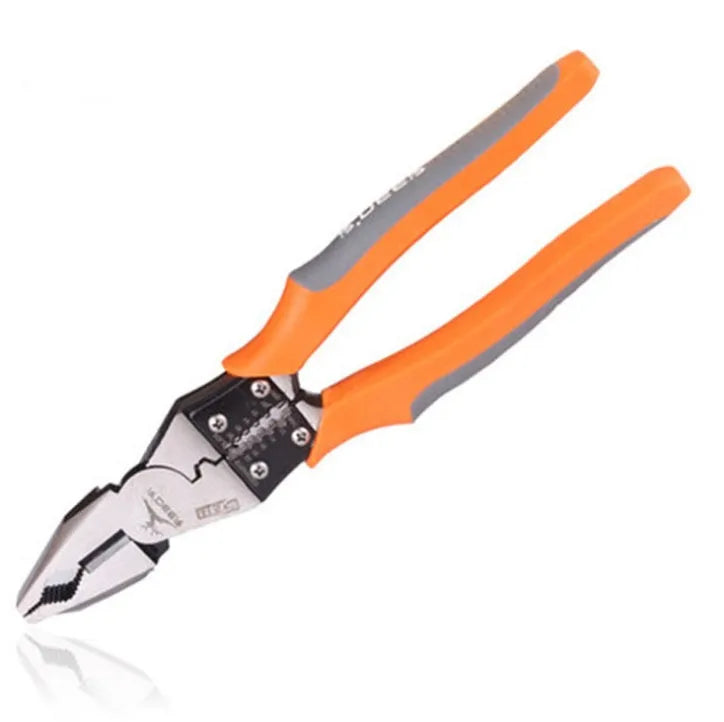 Orange multi-function wire cutter pliers with chrome steel head and textured plastic grips.