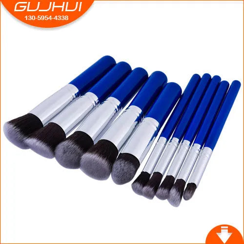10-piece makeup brush set with nylon bristles, wooden handles, blue silver mini design, thick and thin sizes, and OPP bag.