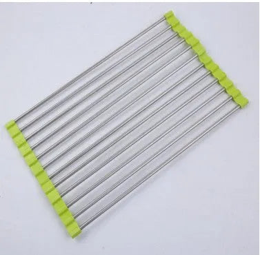 Folding stainless steel kitchen sink drain rack in red colour with multiple drainage tubes