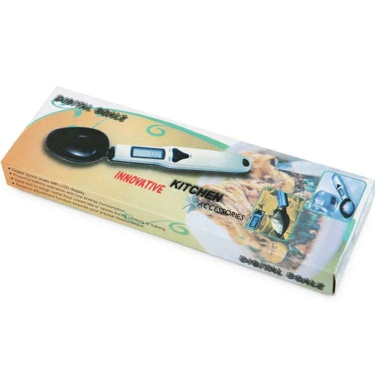 Smart digital measuring spoon kitchen scale with LCD display showing weight measurement
