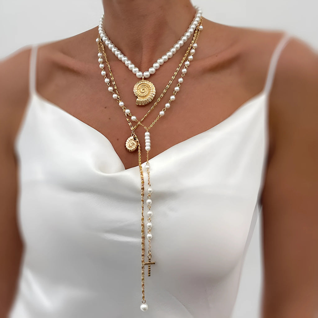 Long Y-shaped tassel pendant twin necklace in imitation pearl with gold electroplated finish on woman