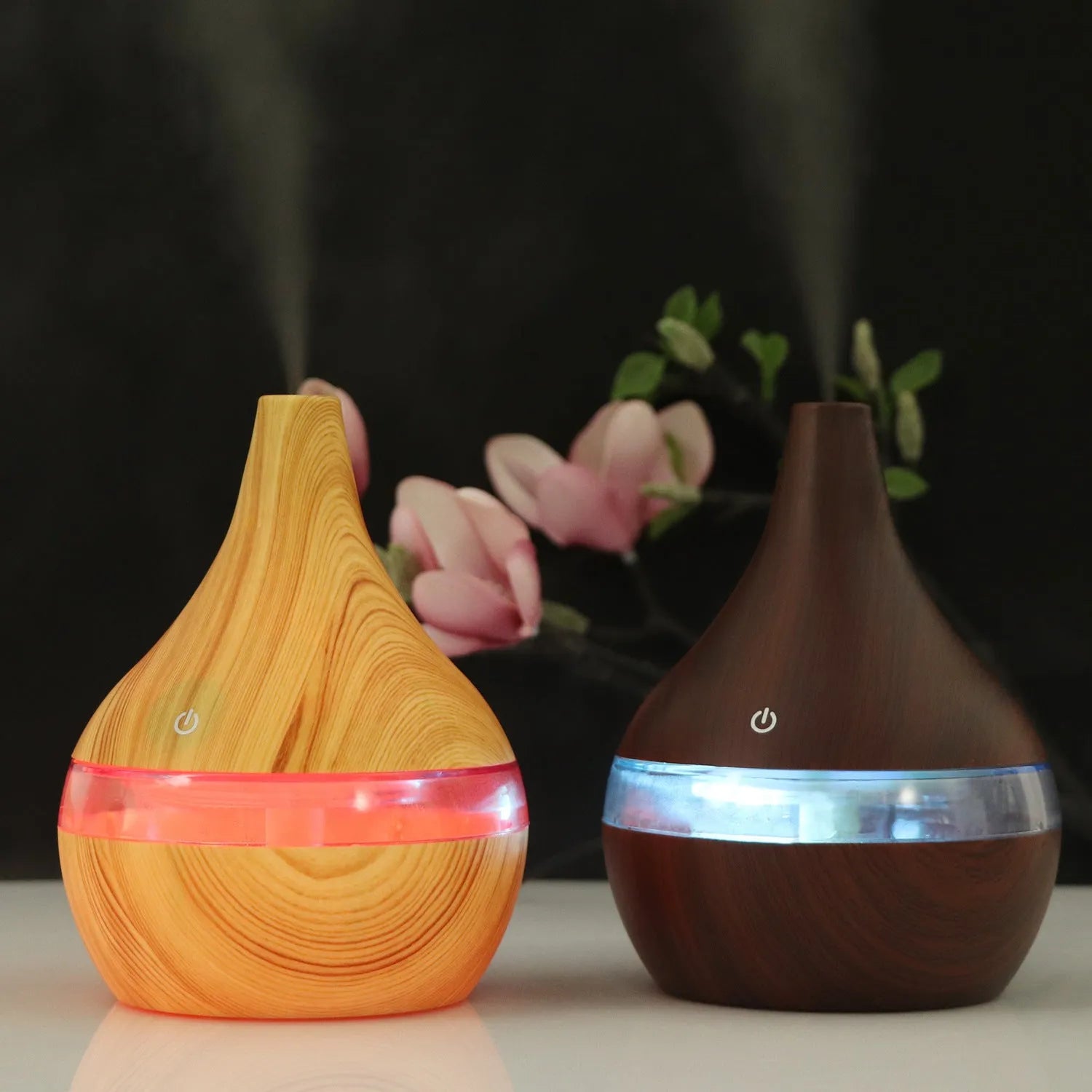 USB-powered mini air purifier humidifier with wood grain finish and column design