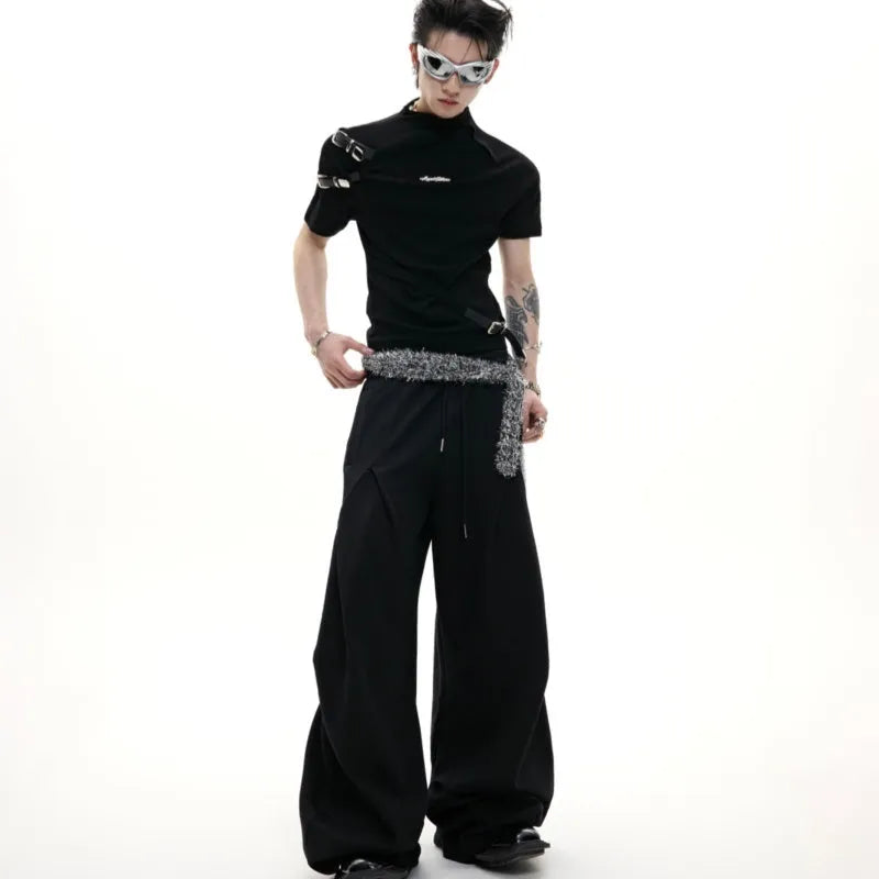 Men's cotton short sleeve t-shirt with metal belt detail in slim fit black or white options