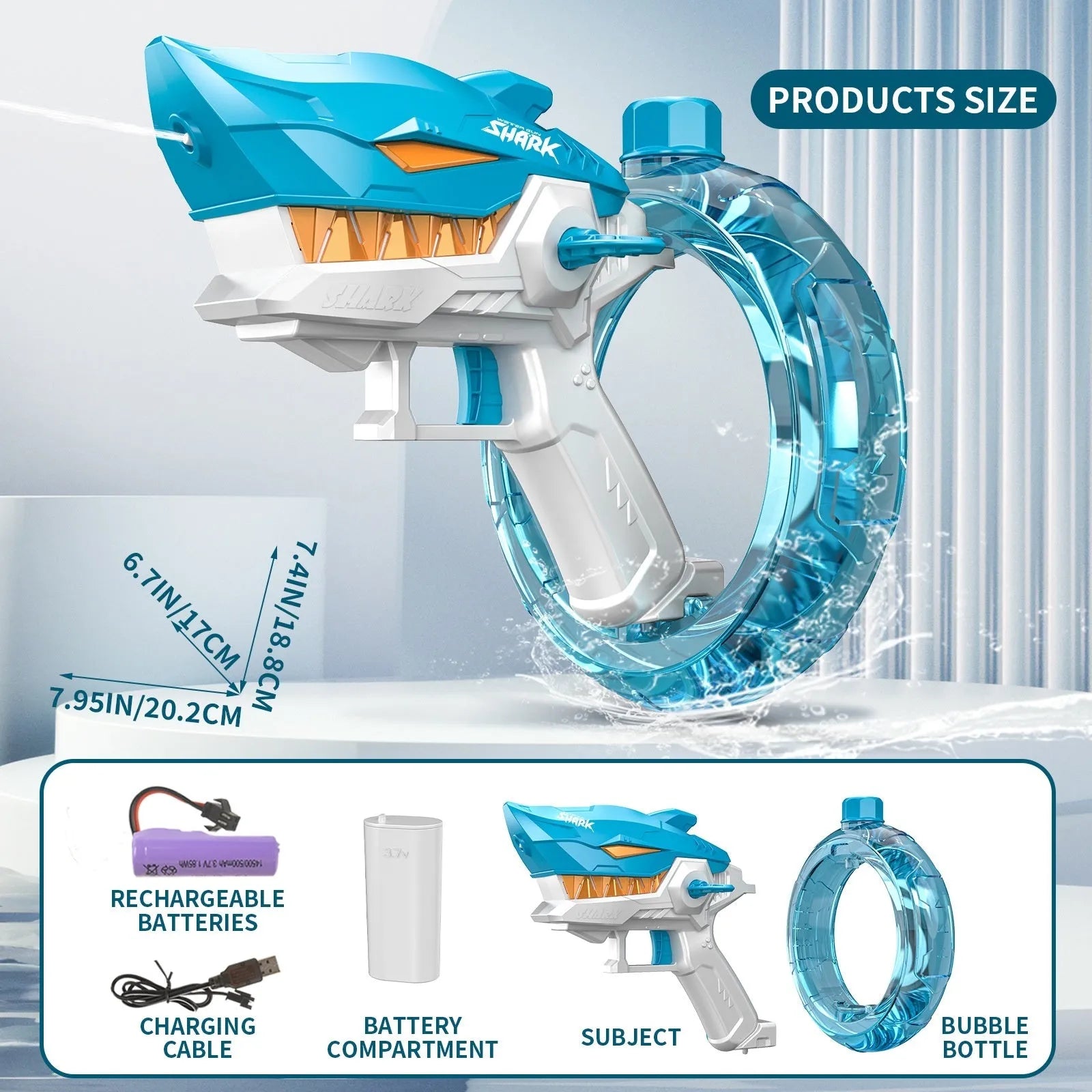 Blue Shark electric water gun toy with large tank for automatic continuous water fire