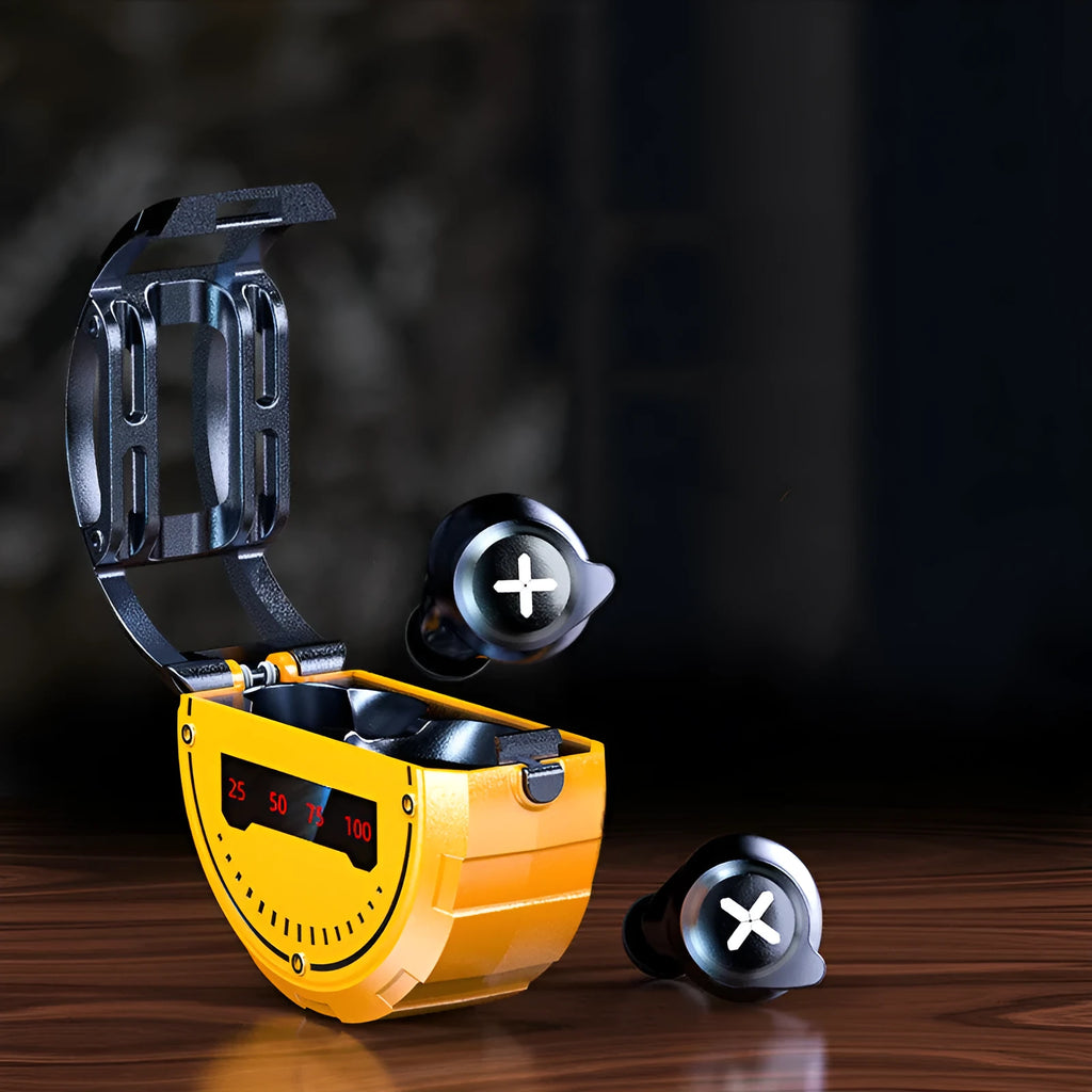 Red wireless Bluetooth in-ear earphones with charging case on a table.