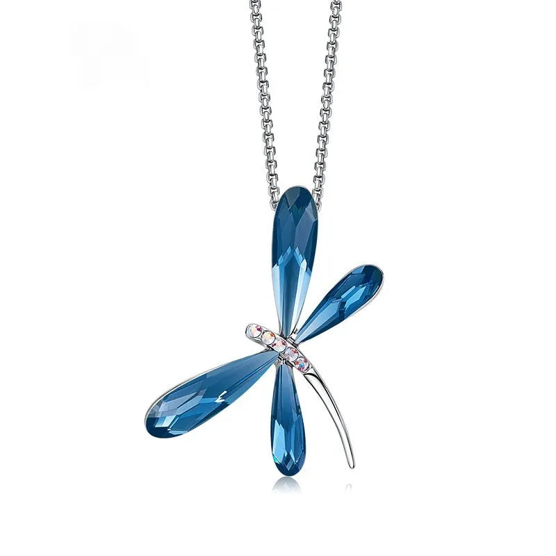 Crystal dragonfly pendant necklace on copper box chain, adjustable 21-50cm, available in denim blue colour option
