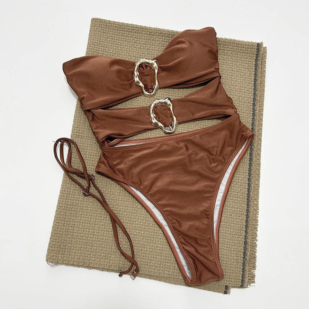 Women's solid colour nylon one-piece swimsuit in black brown or red sizes S M L