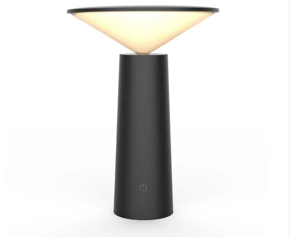Black USB LED table lamp with touch controls and adjustable 40-degree flip head on wooden desk