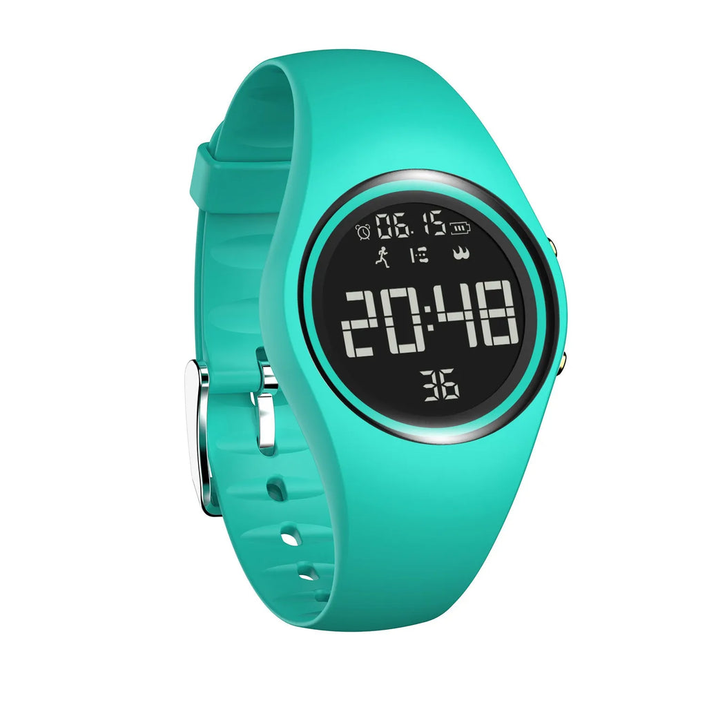Standby waterproof smartwatch with silicone strap in pink, showing touch button controls