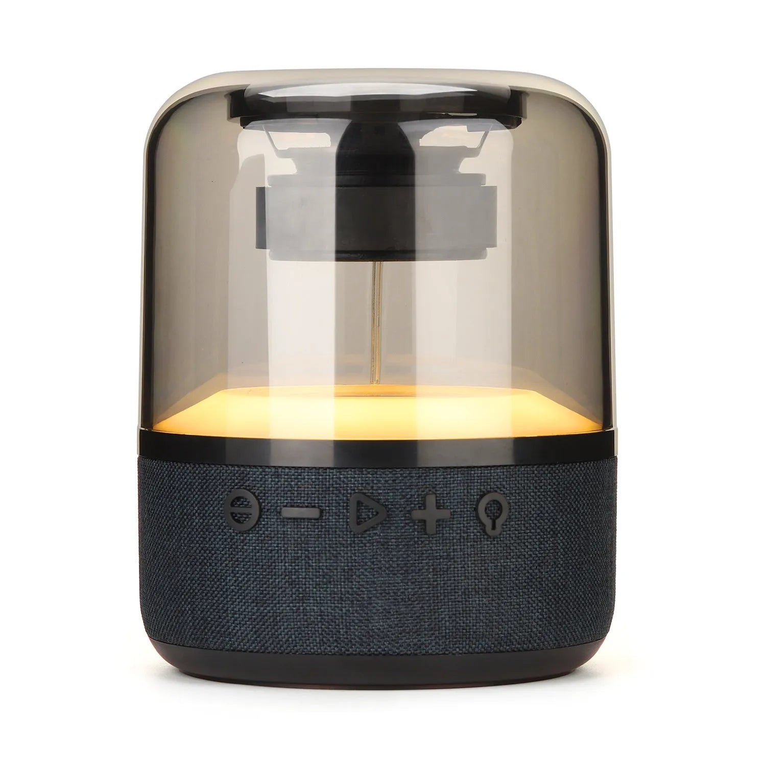Black wireless Bluetooth speaker with touch controls and 360-degree sound projection