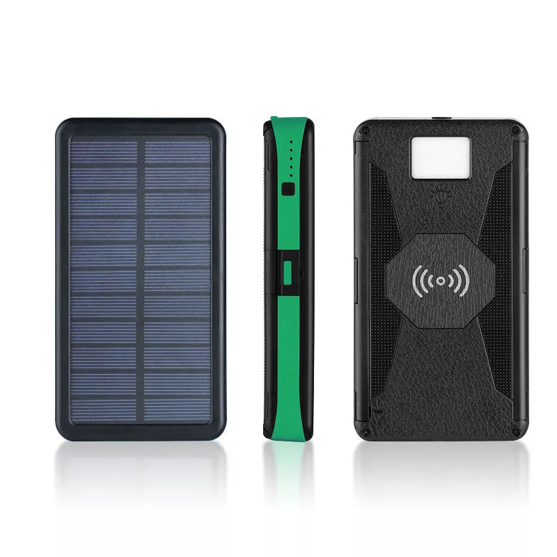 20000mAh magnetic solar power bank in black with IPX5 waterproof rating, showing solar panel and LED light