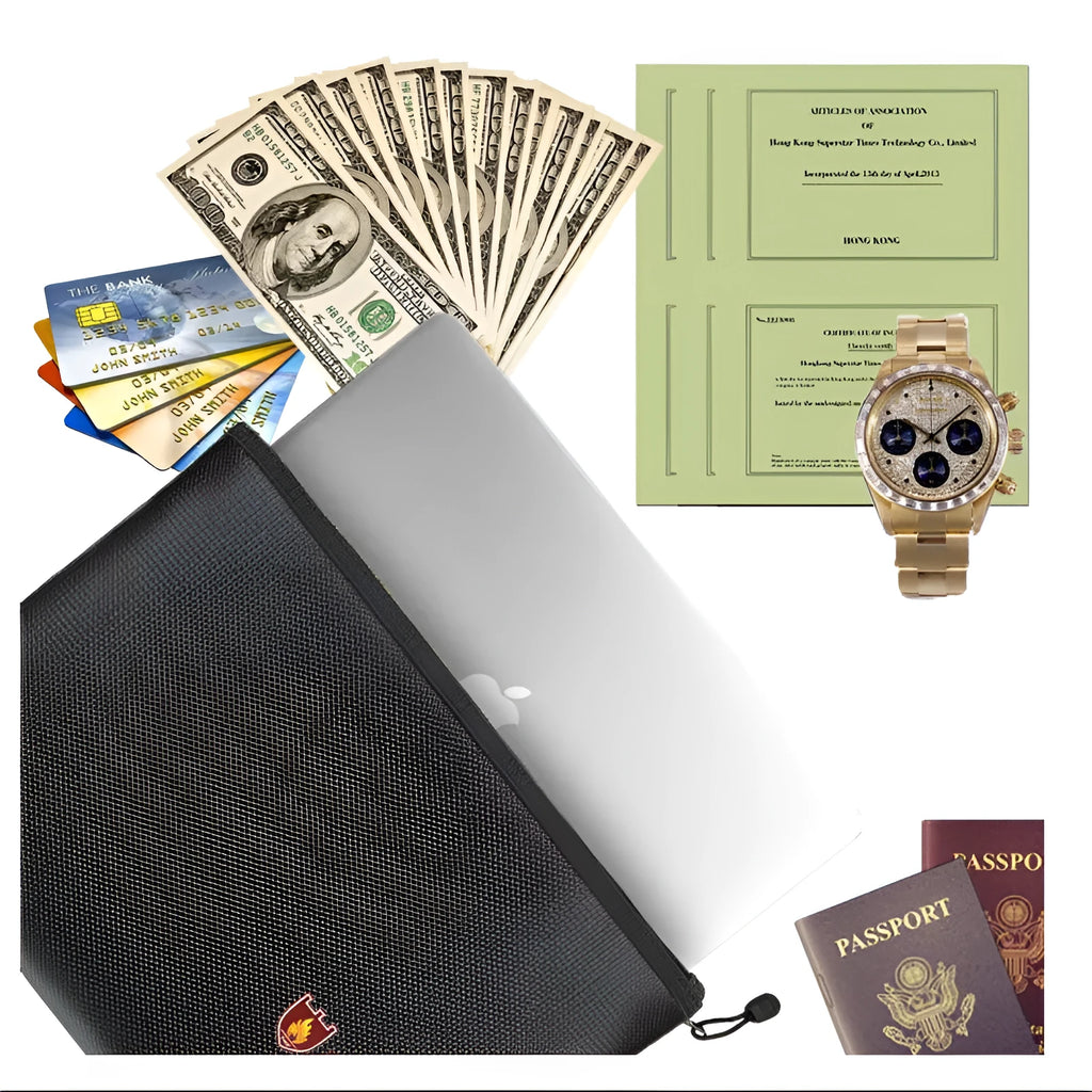 Black fire-proof contract document bag showing three size options for A4 paperwork storage