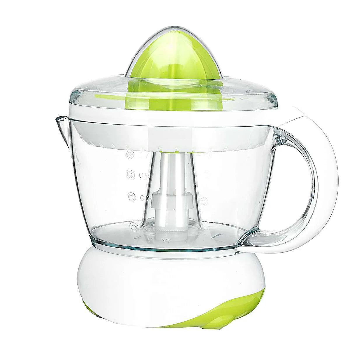 40W household orange juicer with plastic body, crescent feed mouth, and pulp box on a kitchen counter