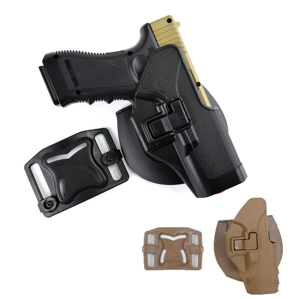 Black plastic tactical holster on plain background for duty carry use