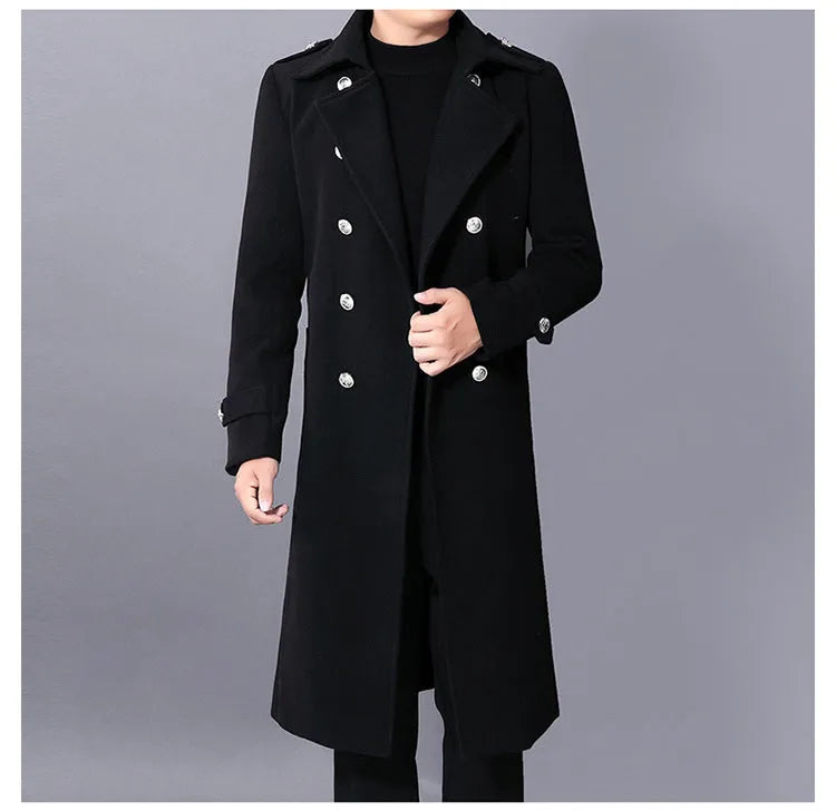 Men's slim fit black wool coat, medium 65cm length, pleated patch pocket, sizes M to 4XL