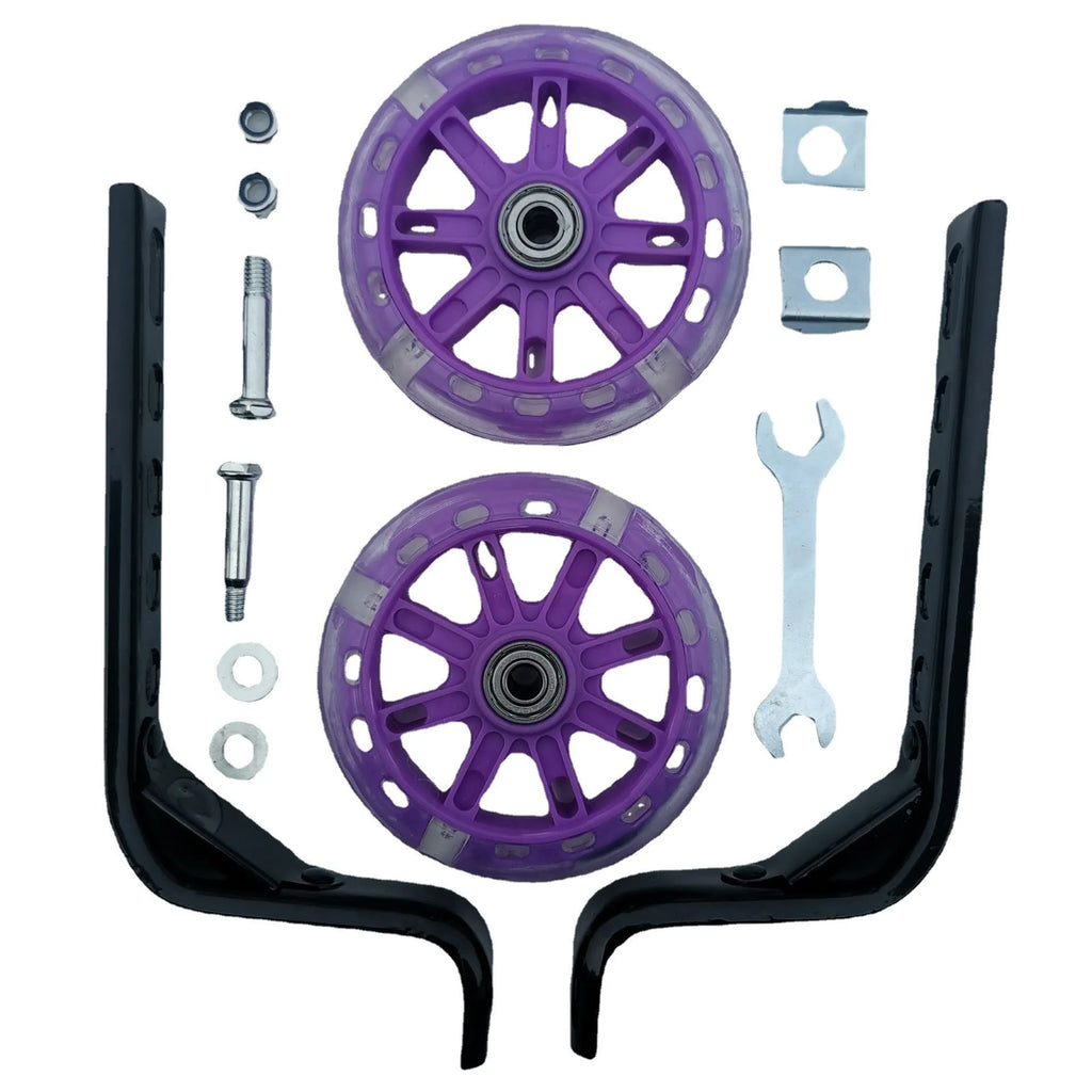 Children's bicycle training wheel set with glow feature and universal 12-20 inch bracket in assorted colours.