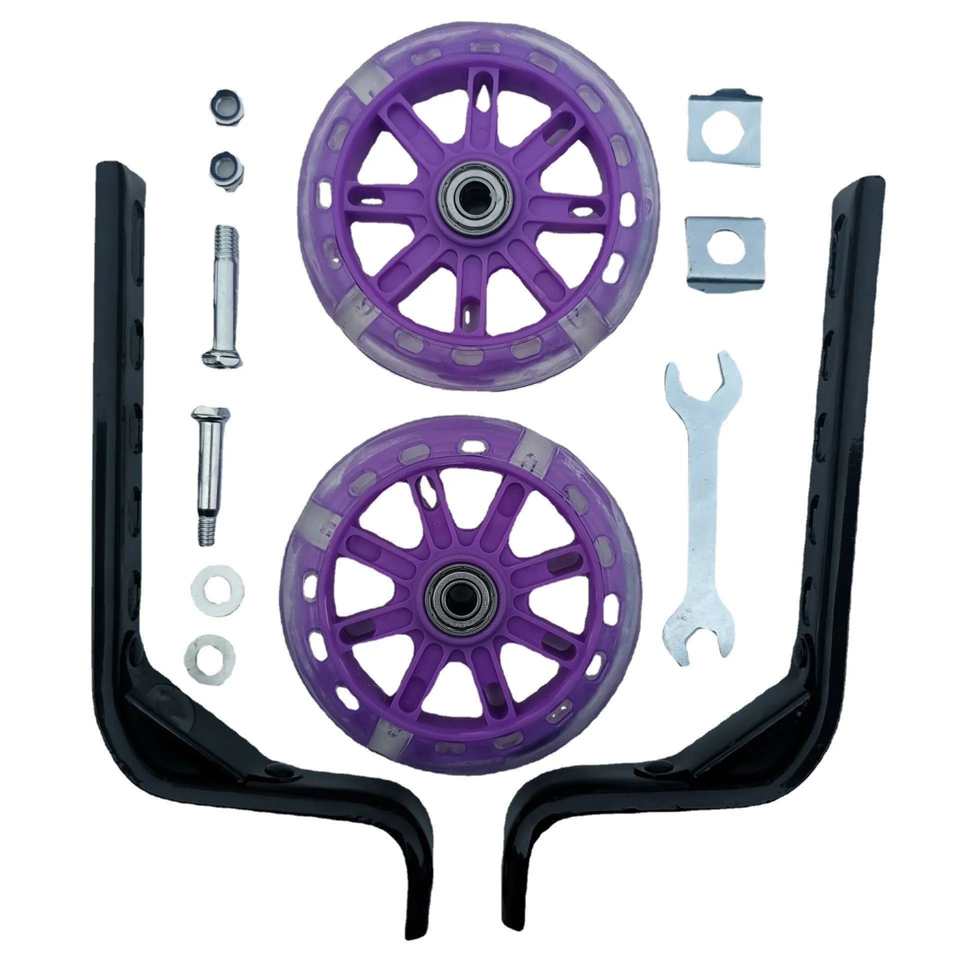 Children's bicycle training wheel set with glow feature and universal 12-20 inch bracket in assorted colours.