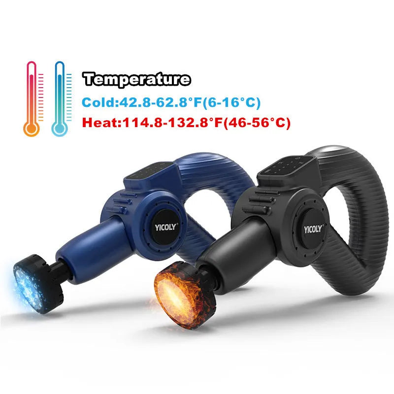 Black smart muscle massage gun with five different massage head attachments on a grey background.