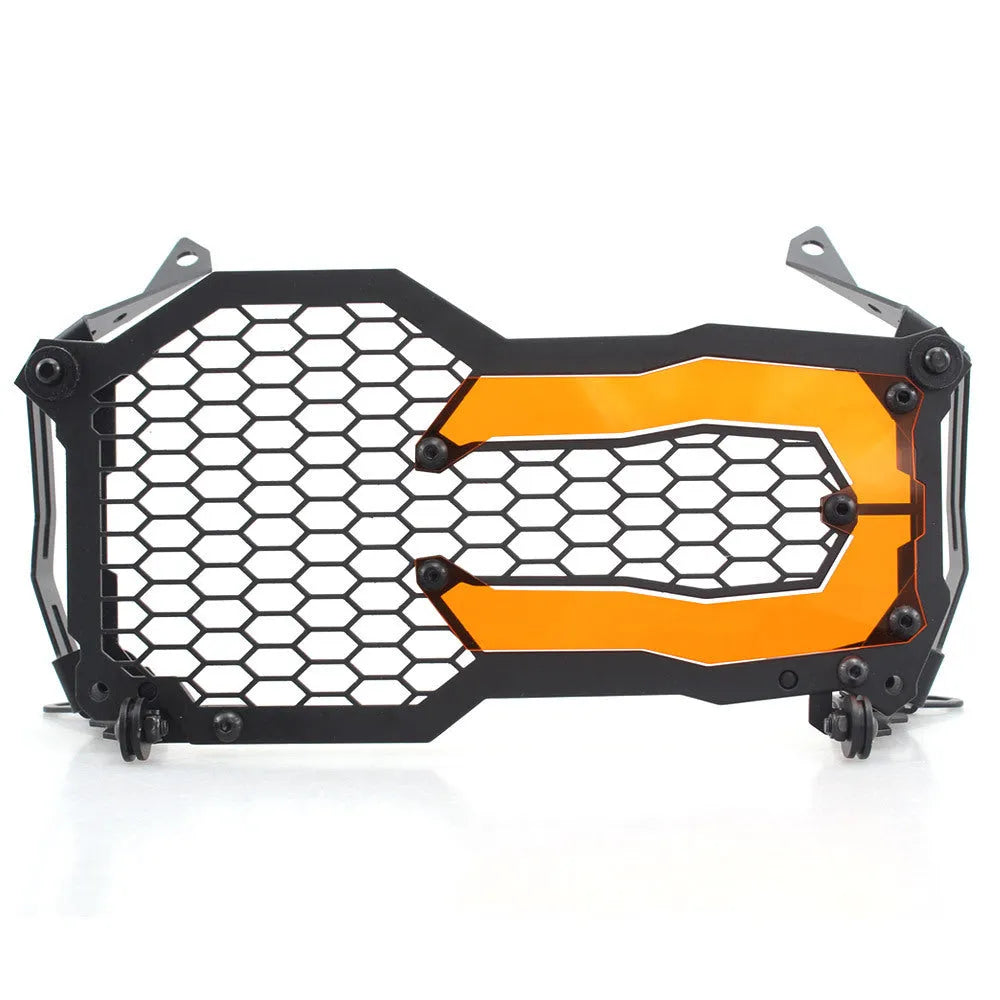 BMW motorcycle headlight protective cover in a choice of colours including fluorescent yellow, mounted on a GS adventure bike.