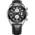 Men's quartz chronograph watch with three sub-dials, luminous markers, and waterproof case