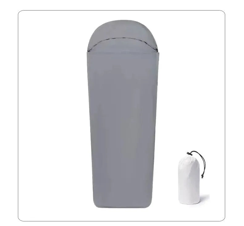 Blue and green lightweight nylon mummy-style camping sleeping bag for adults.