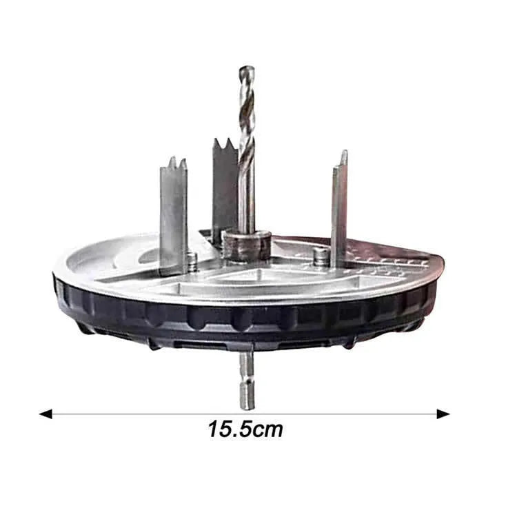 Adjustable punch saw with three blades on plywood showing 45-130mm cutting diameter