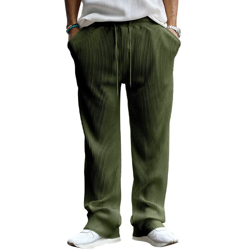 Men's casual loose fit striped straight leg trousers in micro-elastic polyester fabric