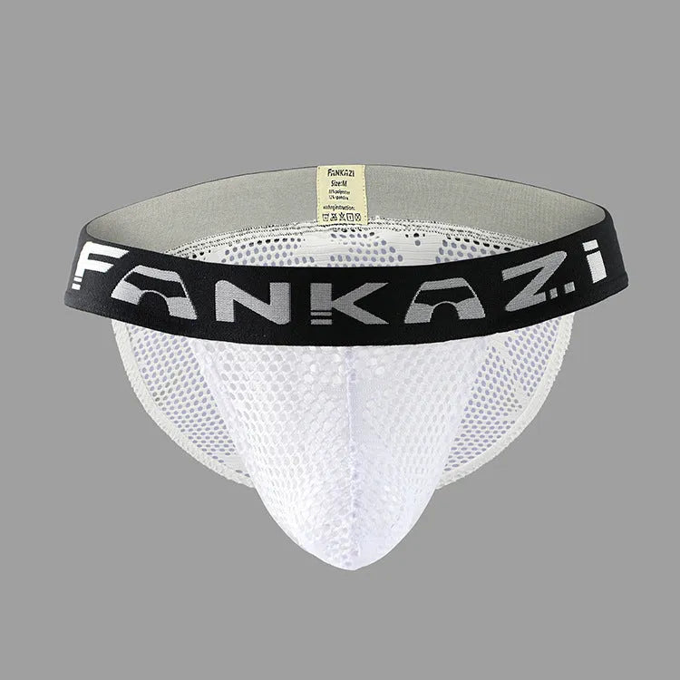Men's white polyester briefs with hollow mesh and high fork design on a plain background.
