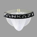 Men's white polyester briefs with hollow mesh and high fork design on a plain background.