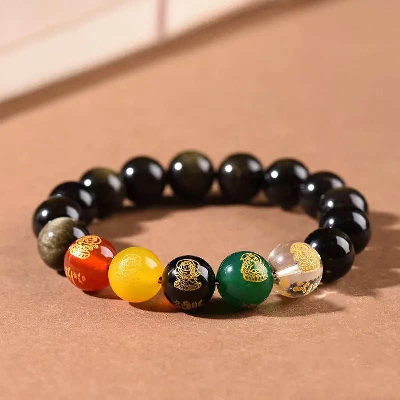 Rainbow eye obsidian and gold obsidian crystal bracelet with zodiac motifs in new Chinese style