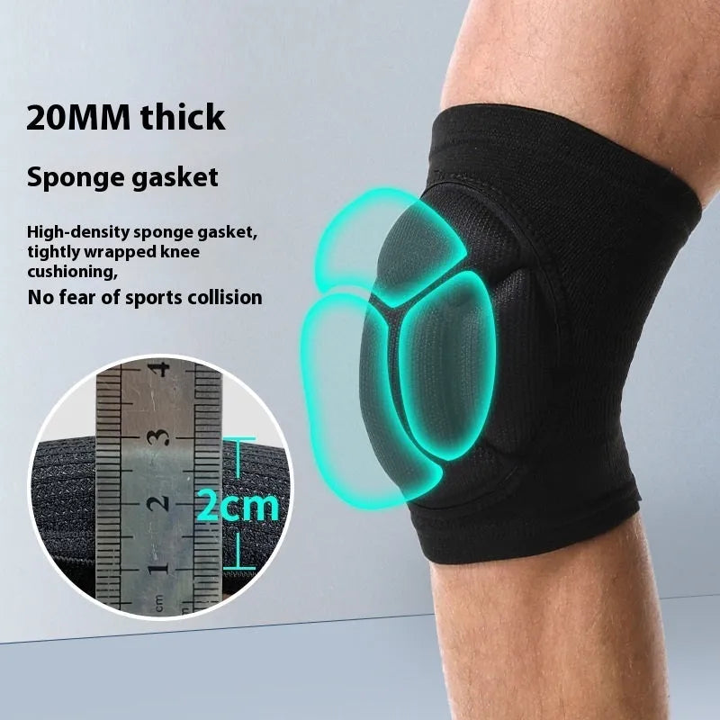 A pair of black thick sponge kneepads for dance and sports protection on a neutral background.