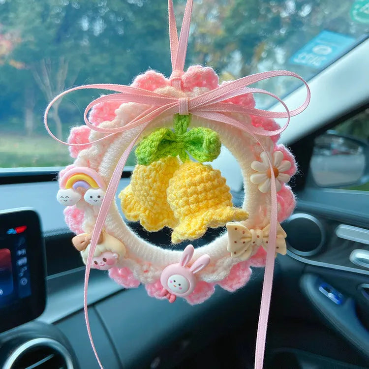 Green woven wool bell orchid car pendant hanging with dream catcher decoration